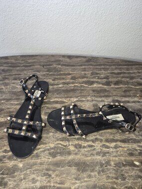 Valentino Garavani Rockstud Black Leather Slingback Flat Sandals EU 38